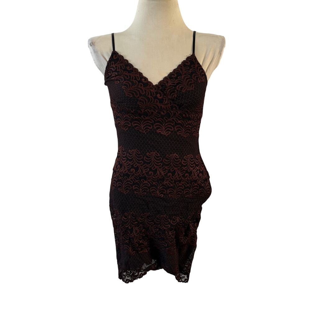 Vtg Y2K 2000s Black Brown Lace Tight Mini Dress Sz XS Whimsigoth Fairy Grunge